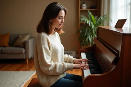 Femme adulte apprenant à jouer du piano dans un salon chaleureux, méthode débutant