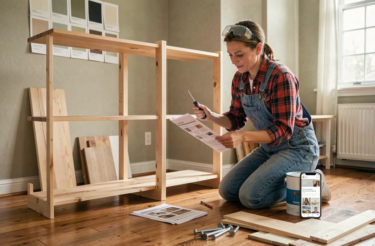 Femme assemblant une étagère en bois en suivant un cours de bricolage en ligne sur smartphone