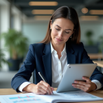 Femme en bureau organisant des rapports financiers