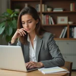 Femme en blazer travaillant sur un ordinateur dans un appartement lumineux
