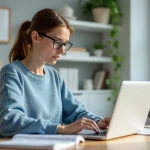 Femme en bureau lumineux travaillant sur son ordinateur portable