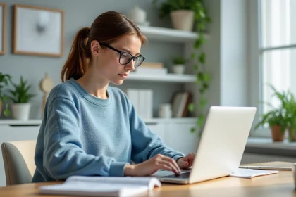 Femme en bureau lumineux travaillant sur son ordinateur portable