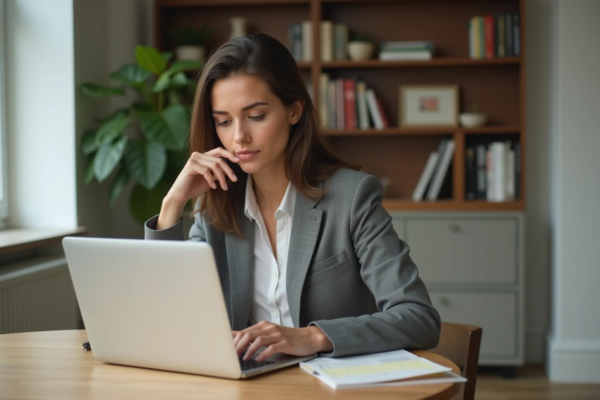 Femme en blazer travaillant sur un ordinateur dans un appartement lumineux