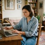 Jeune femme concentrée travaillant à son bureau à la maison