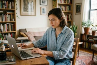 Jeune femme concentrée travaillant à son bureau à la maison