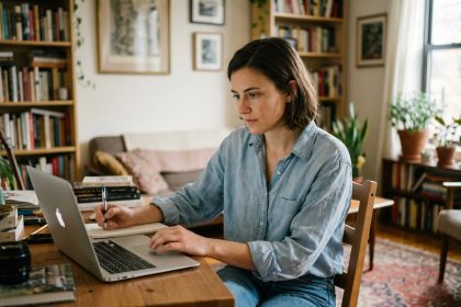 Jeune femme concentrée travaillant à son bureau à la maison