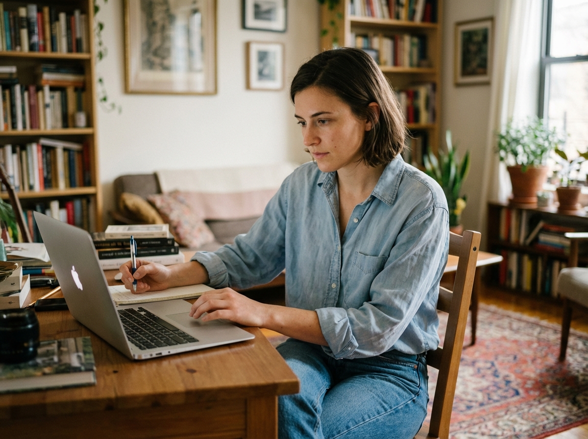 Jeune femme concentrée travaillant à son bureau à la maison