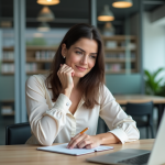 Femme en tenue professionnelle prenant des notes au bureau