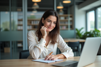 Femme en tenue professionnelle prenant des notes au bureau