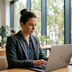 Femme en bureau à Paris avec ordinateur et blazer