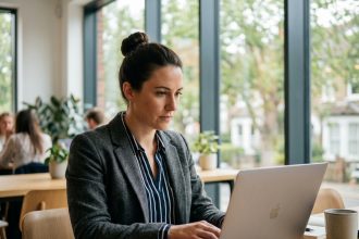Femme en bureau à Paris avec ordinateur et blazer