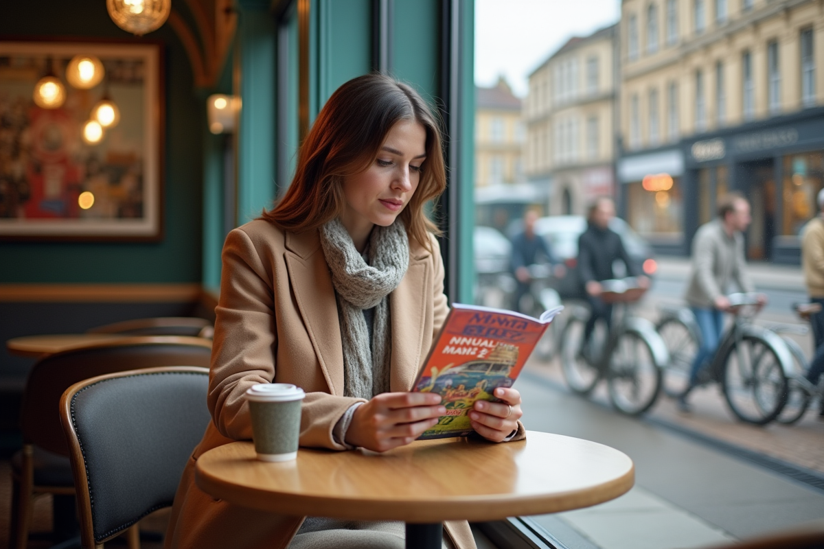 Femme dans un café avec brochure à Cambridge