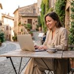 Femme en blazer lin et pantalon détendu au café ensoleille