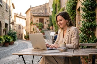 Femme en blazer lin et pantalon détendu au café ensoleille