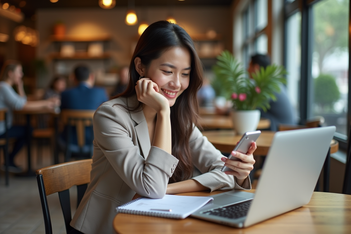 Femme seule observant une application sur son smartphone