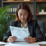 Femme d'affaires examinant un certificat dans un bureau professionnel