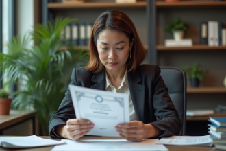 Femme d'affaires examinant un certificat dans un bureau professionnel