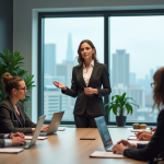 Femme en costume lors d'une réunion d'affaires en bureau moderne