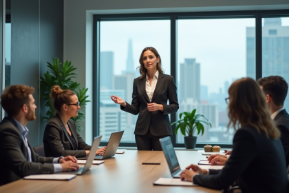 Femme en costume lors d'une réunion d'affaires en bureau moderne