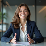 Jeune femme en réunion vidéo dans un bureau moderne