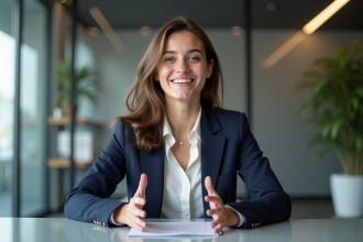 Jeune femme en réunion vidéo dans un bureau moderne