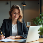 Femme confiante travaillant sur son CV dans un espace coworking