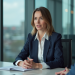 Femme confiante en costume dans une salle de réunion moderne