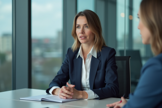 Femme confiante en costume dans une salle de réunion moderne