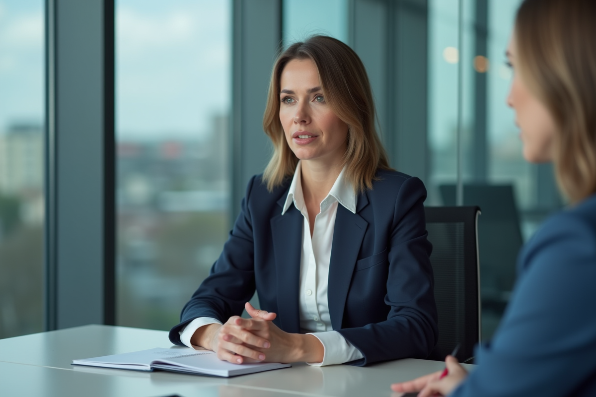 Femme confiante en costume dans une salle de réunion moderne