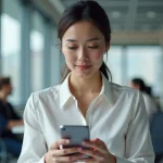 Femme professionnelle configurant l'extranet PSB sur son smartphone au bureau