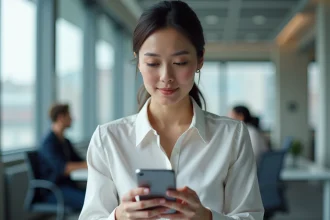 Femme professionnelle configurant l'extranet PSB sur son smartphone au bureau