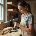 Femme débutante en bricolage tenant une perceuse dans un atelier domestique, formation CPF académie du bricolage