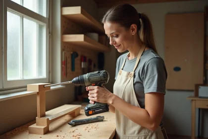 Femme débutante en bricolage tenant une perceuse dans un atelier domestique, formation CPF académie du bricolage