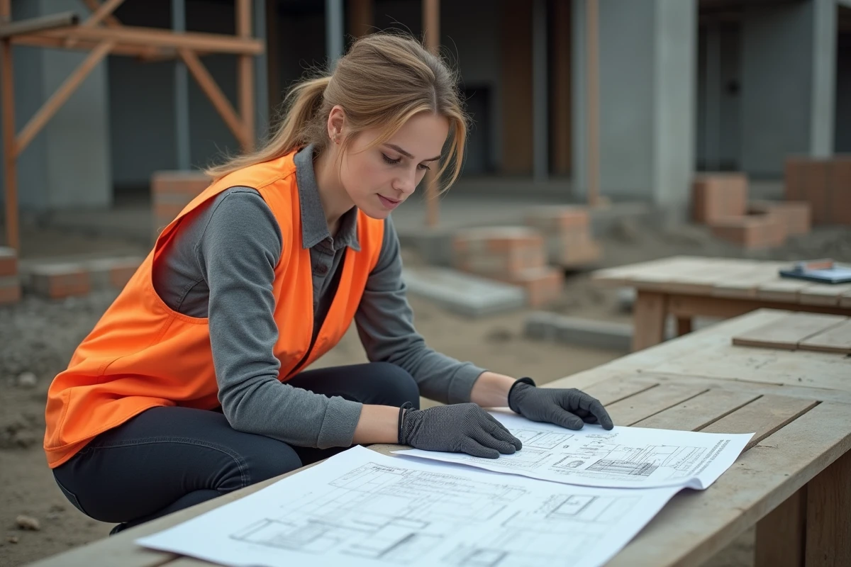 Femme débutante en BTP étudiant des plans techniques sur un chantier de construction réel