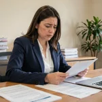 Femme consultant des documents obligatoires pour son inscription à Pôle emploi dans un bureau administratif