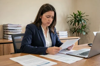 Femme consultant des documents obligatoires pour son inscription à Pôle emploi dans un bureau administratif
