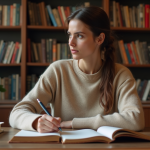 Femme concentrée écrivant dans une bibliothèque chaleureuse