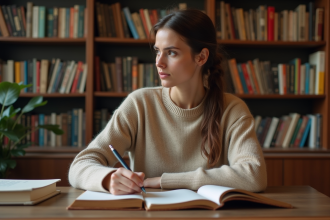 Femme concentrée écrivant dans une bibliothèque chaleureuse