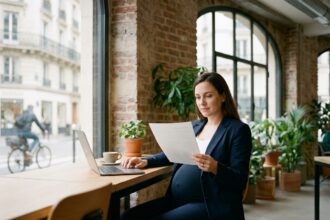 Femme enceinte en portage salarial travaillant dans un espace de coworking parisien, révisant des documents professionnels avec sérénité