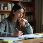 Femme étudiant un manuel d'anglais avec des annotations manuscrites dans un bureau à domicile chaleureux
