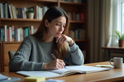 Femme étudiant un manuel d'anglais avec des annotations manuscrites dans un bureau à domicile chaleureux