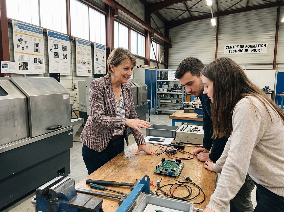 Femme en formation technique à Niort explique un projet