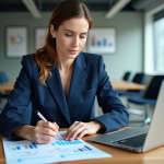 Femme en costume navy analysant des documents financiers
