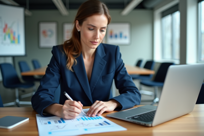 Femme en costume navy analysant des documents financiers