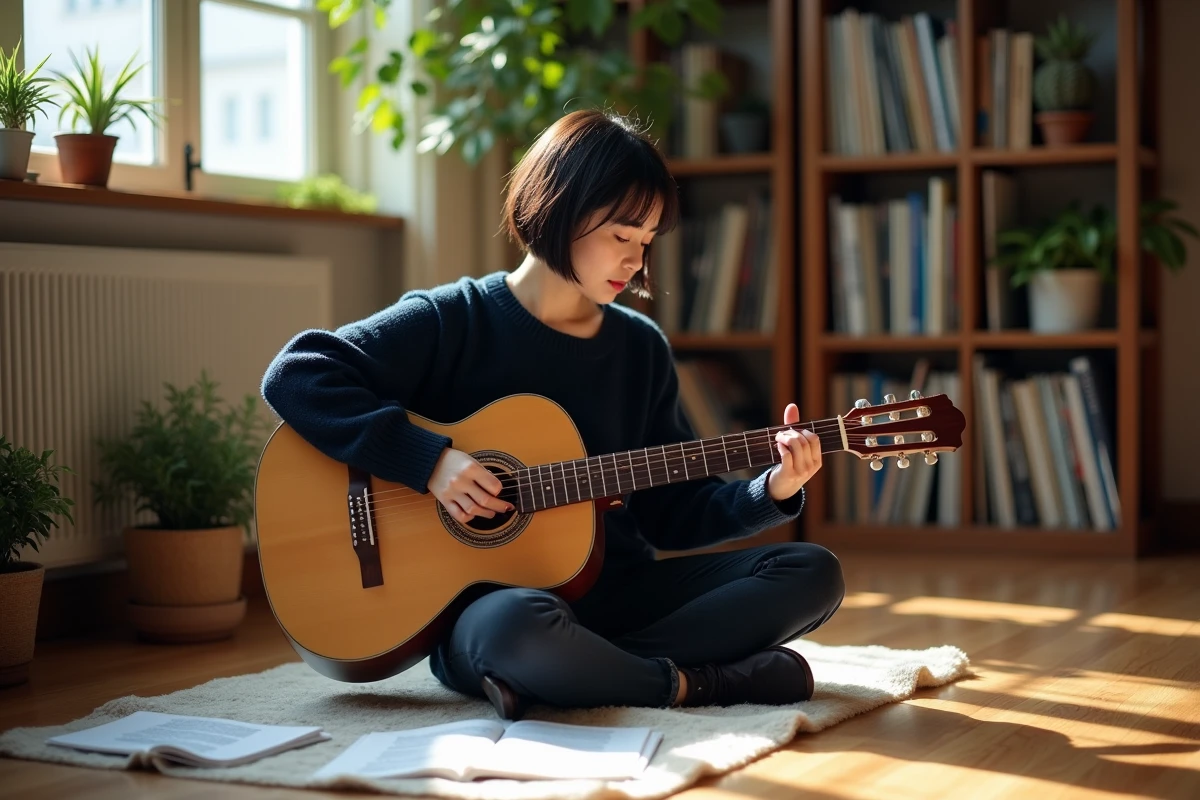 Femme jouant du fingerstyle sur guitare acoustique classique avec une partition de Let It Be posée au sol