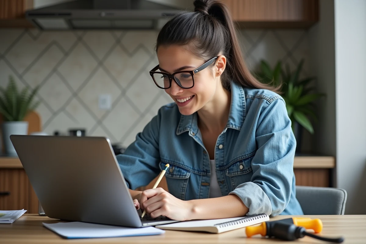 Femme débutante suivant une formation bricolage en ligne sur ordinateur portable, avec outils posés sur la table de cuisine
