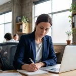 Une femme en reconversion professionnelle prend des notes lors d'une formation dans un espace de coworking moderne