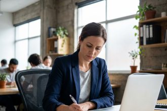 Une femme en reconversion professionnelle prend des notes lors d'une formation dans un espace de coworking moderne