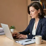 Femme professionnelle gérant ses documents officiels sur ordinateur portable dans un bureau à domicile organisé