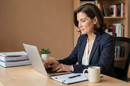 Femme professionnelle gérant ses documents officiels sur ordinateur portable dans un bureau à domicile organisé